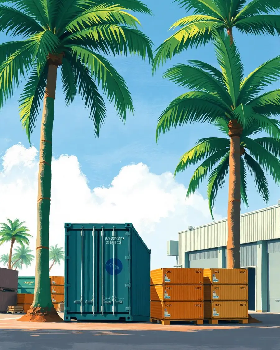Bonded Freeport logistics yard under tall palms