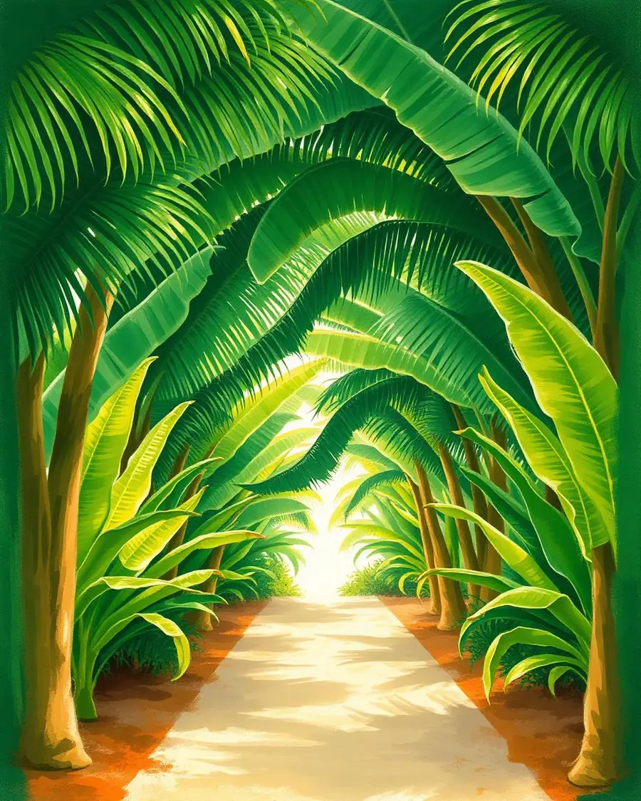 Two open paths through a tropical archway of palm fronds